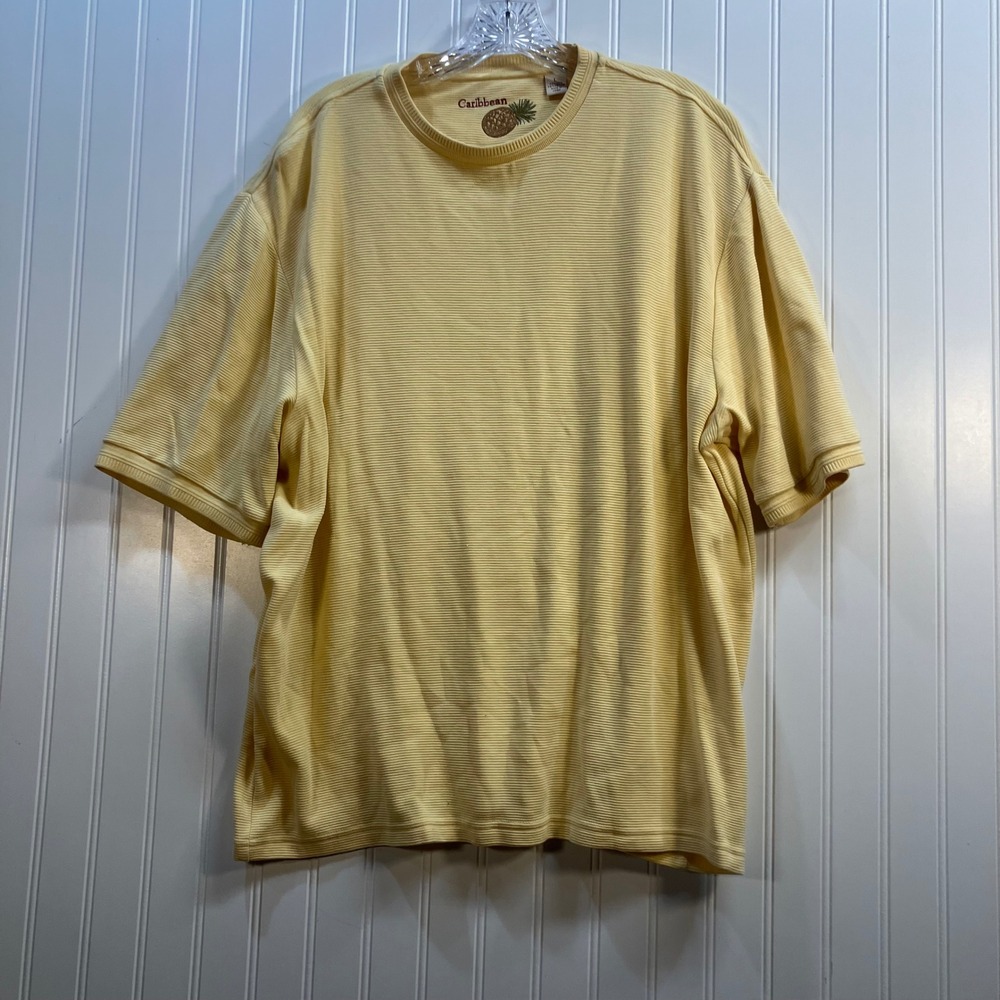 Caribbean Mens Yellow Silk Cotton Blend‎ Ribbed Short Sleeve Crewneck Shirt L